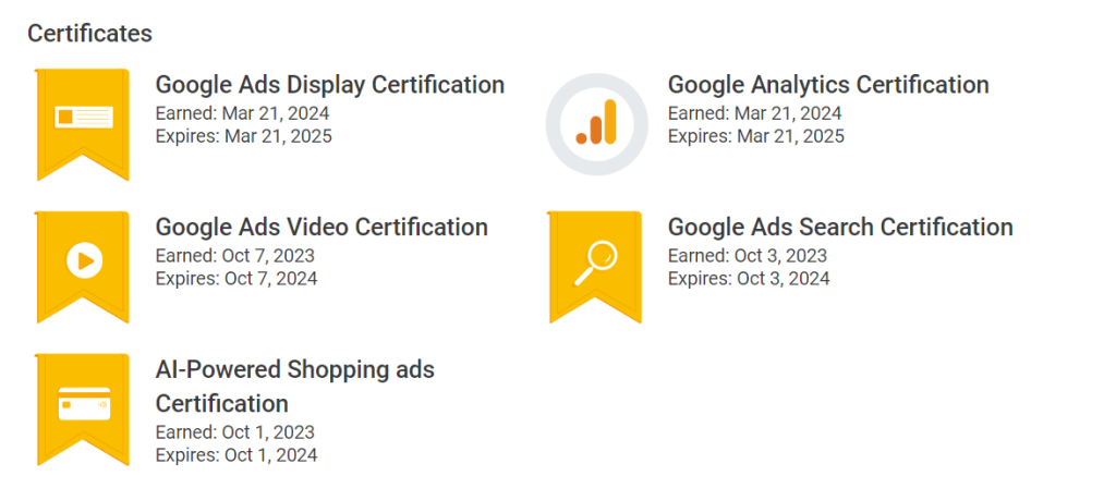 Gavin Rapp's certifications including Google Ads Search, Display, Video, and Shopping Ads; Google Analytics certification.